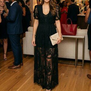 Women Honey Punch Black Embroidered Lace Overlay Maxi Romper Dress M Whimsygoth